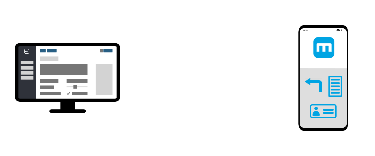 The graphic shows how the content management system, hardware and app work together. You enter the data in the CMS. Via the hardware your location is determined and wirelessly transmitted to the app. After that, MindTags shows the information that belong to your location.