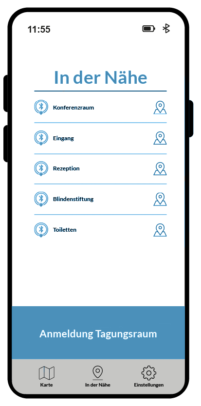 A smartphone with MindTags running. A menu is showing a list of nearby rooms.  The current navigation destination named "
                Registration Meeting Room" is highlighted in color